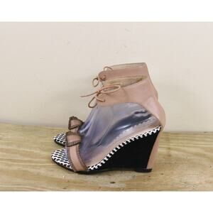 Loeffler Randall Sandals 8B Brown Leather Multicolor Polka Dot Wedge Shoes